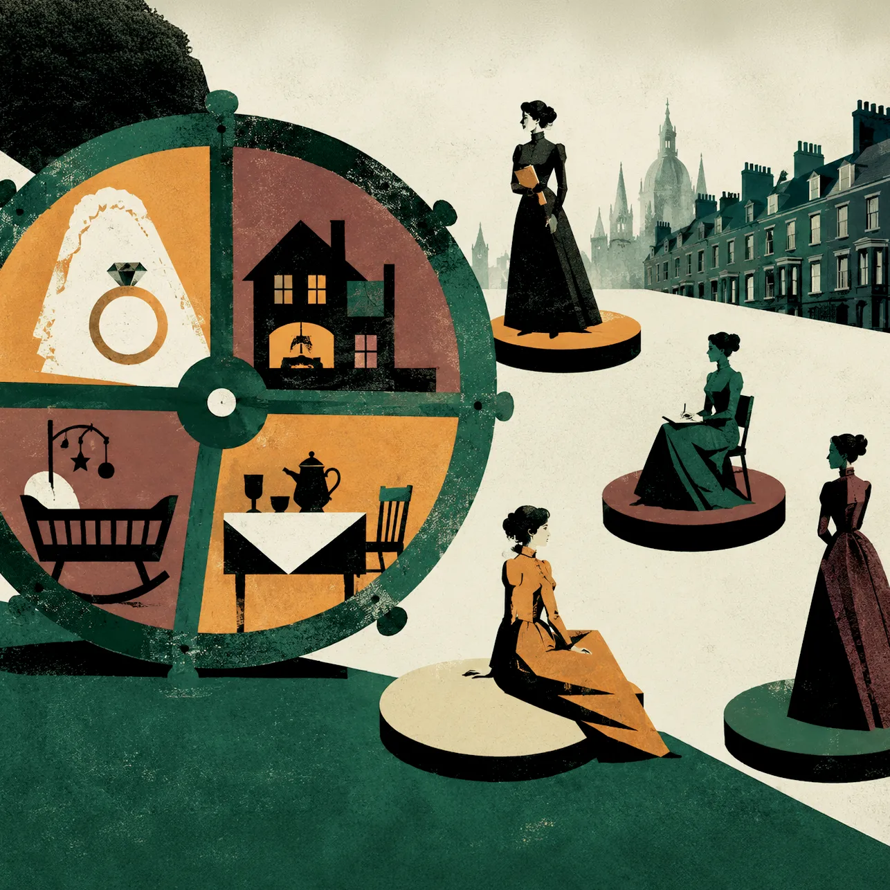 onceptual illustration of Victorian women positioned separately beside a wheel divided into symbols of marriage, home, children, and domestic life.
