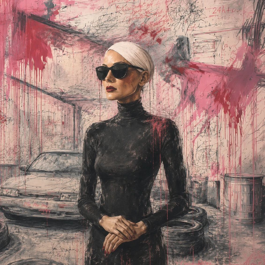 Mixed-media portrait of a woman in black sunglasses and a high-neck dress standing in a paint-splattered garage with a car and stacked tires.