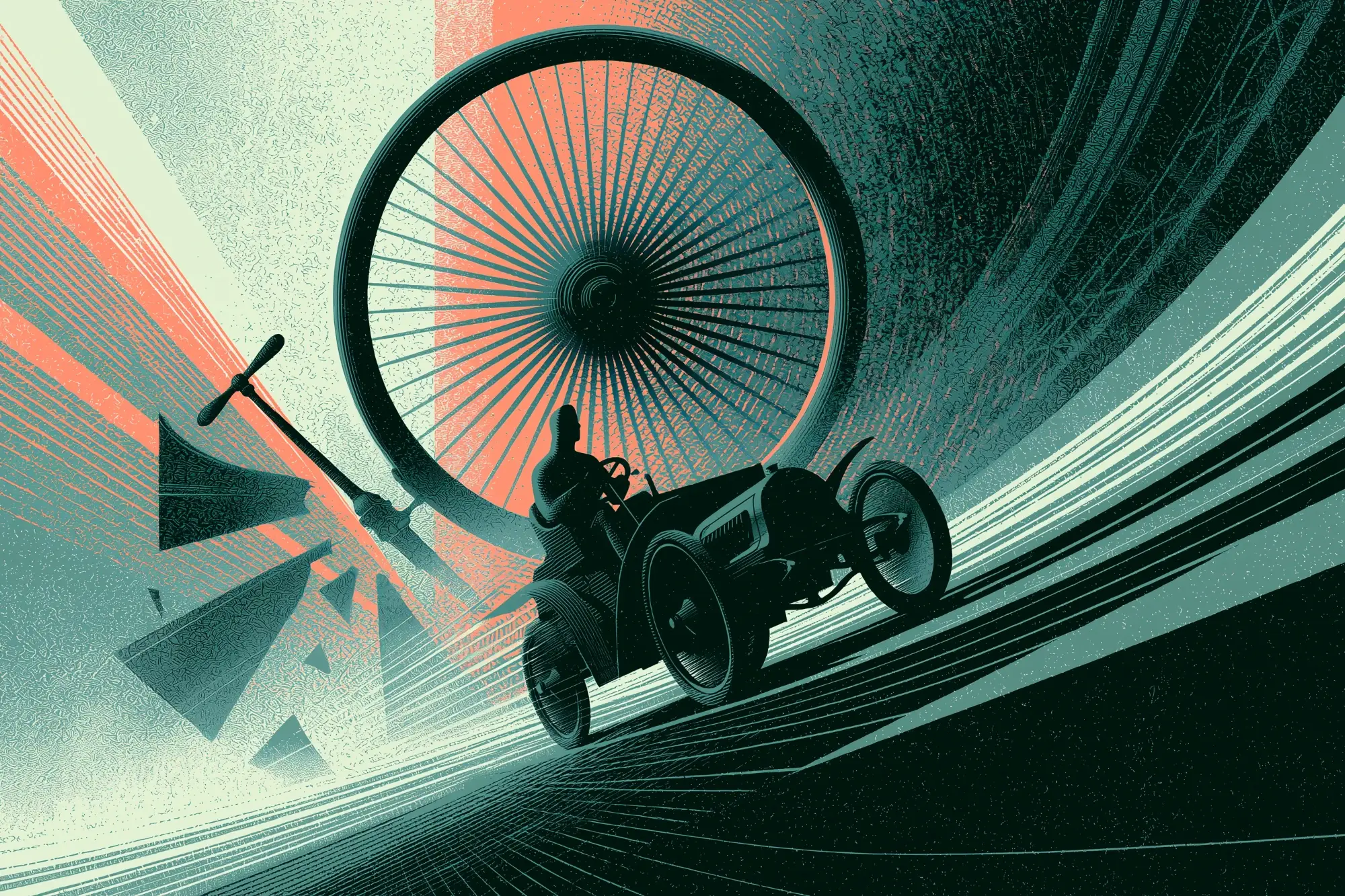 Retro illustration of an early automobile beneath an oversized spoked wheel, surrounded by sweeping geometric lines.