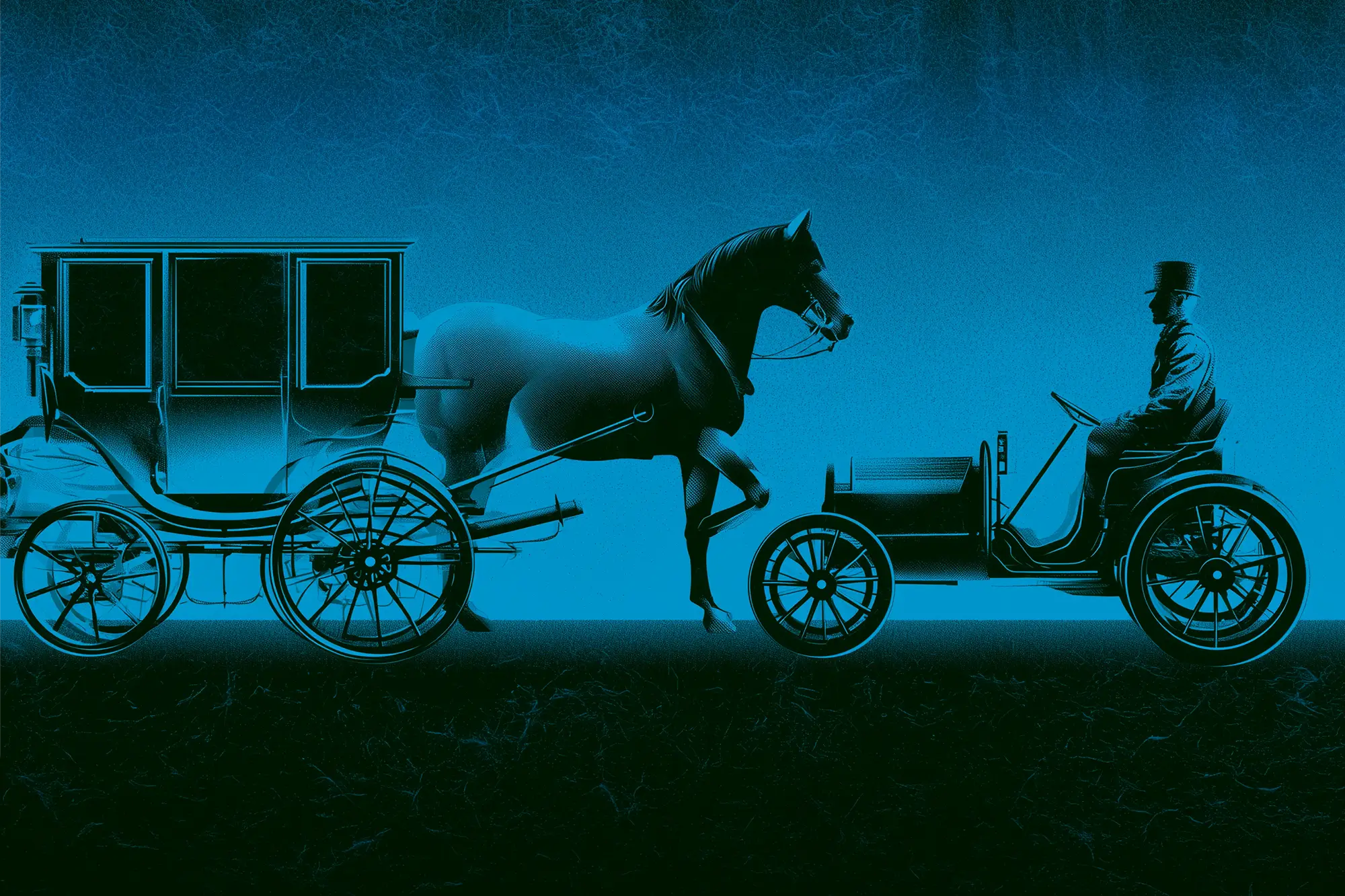 Conceptual illustration comparing a horse-drawn carriage with an early automobile driven by a man in a top hat.