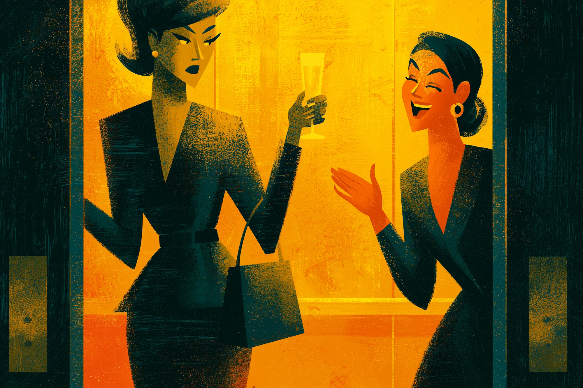 Retro illustration of two professionally dressed women talking in an elevator, one holding a drink while the other laughs.