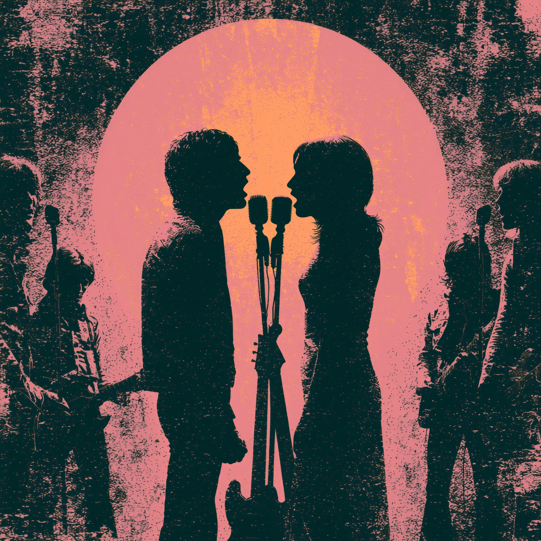 Retro concert illustration of two singers facing each other at microphones while other band members stand at the edges.