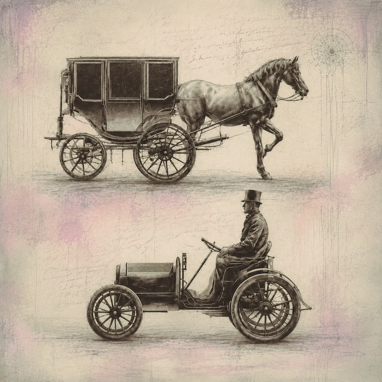 Retro collage tracing the evolution of steering, with a ship’s wheel, horse-drawn carriage, early automobile, and circular wheel forms.